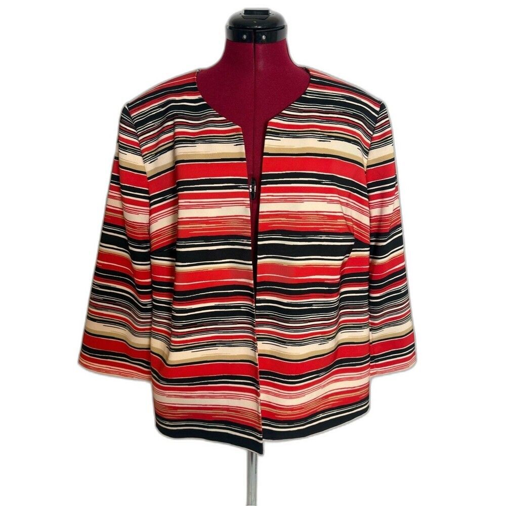 Kasper Open-Front Jacket Women's Size 16W Multi-Colored Stripe 3/4 Sleeve